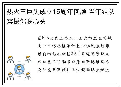 热火三巨头成立15周年回顾 当年组队震撼你我心头